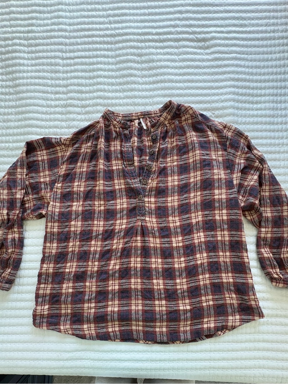 Free People Plaid Henley Top in Rust, Navy & Cream - Kids